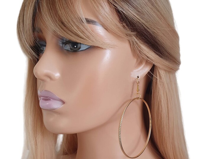 1 pair of 3.25" long GOLD coloured big CLIP ON hoop drop earrings - 18kt gold plated screw clips - pierced option - big statement hoops  ST1