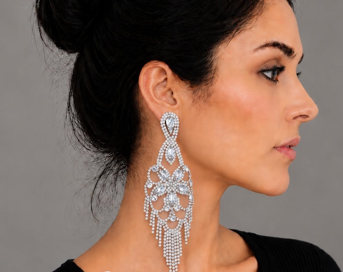 Clip On Silver Tone Rhinestone Chandelier Earrings – Extra Large Statement Crystal Earrings – 5.25" – 13.5cm