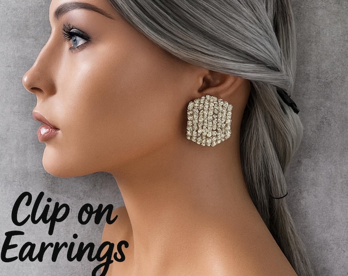 Gold Tone Rhinestone Clip-On Earrings – Sparkly Statement Square Ear Clips – Non-Pierced – Glam Party Earrings