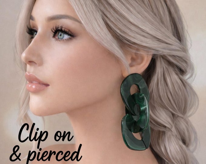 Handcrafted Dark Green Acrylic Chain Earrings – Chunky Statement Jewelry - 3 length Options
