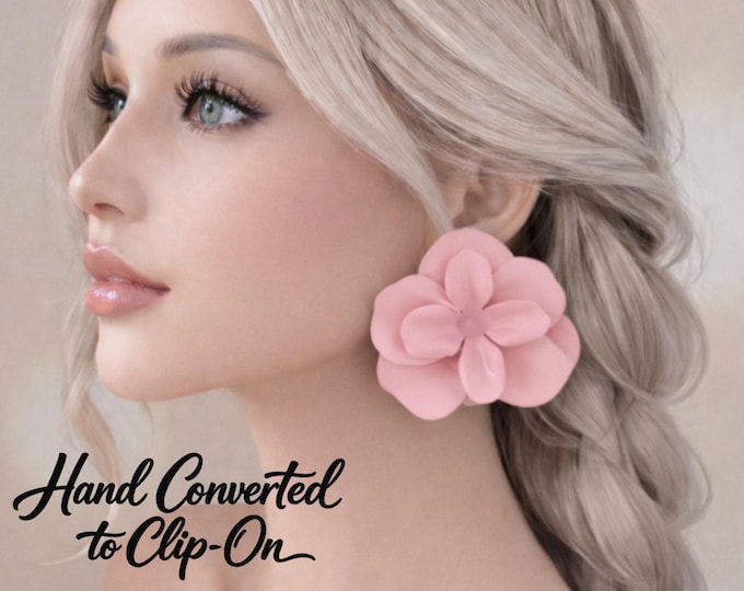 Pink Flower Clip On Earrings, Large Statement Earrings - Non Pierced Ears