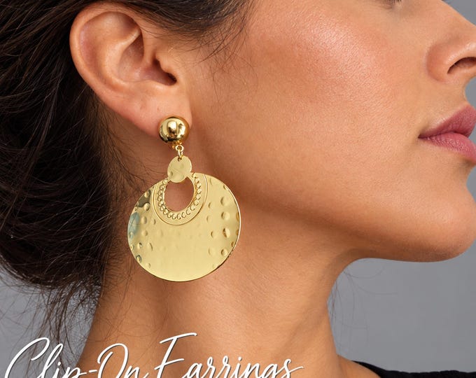Gold Tone Clip On Earrings – Large  Disc Statement Oversized Boho Dangle Earrings – 2.75" – 7cm