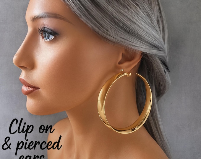 Large Gold Clip On Hoop Earrings –  Big Wide Statement Hoops for Non-Pierced Ears – Oversized 3.1" Fashion Hoops