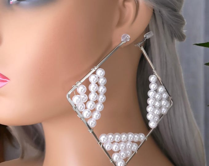1 pair silver tone & pearl CLIP ON square hoop earrings, 4.25" long silver - white pearl beaded hoop earrings - pierced or non pierced ears