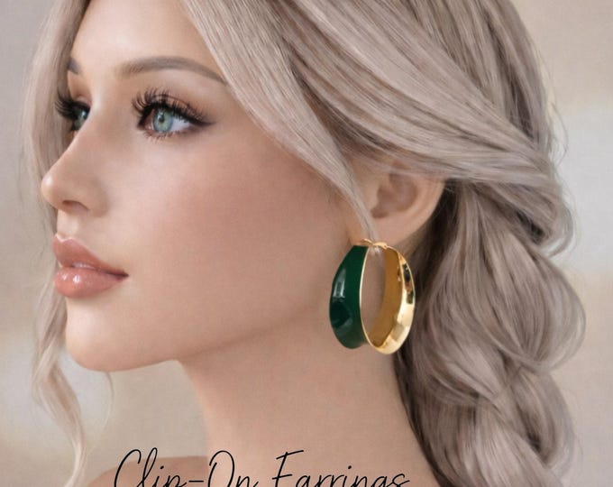 Clip On Hoop Earrings - Wide Dark Green Enamel & Gold Tone Hoop Earrings - Bold Statement Hoops - 1.9" - 4.5cm