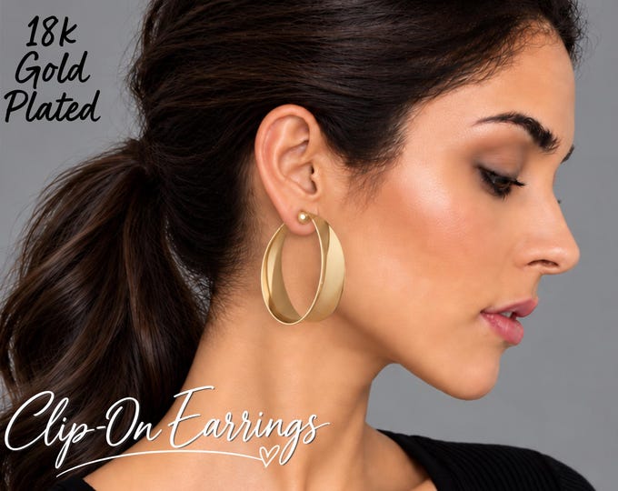 Clip On Hoop Earrings – 18K Gold Plated Sterling Silver Wide Hoops – Non-Pierced - 1.85" - 4.7cm