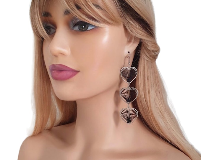 1 pair of 4" long silver & BLACK thread - woven long heart layered CLIP ON drop earrings - Available for non pierced or pierced ears