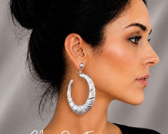 Silver Tone Textured Clip On Hoop Earrings, Chunky Oversized Statement Hoops For Non Pierced Ears 3" - 7.5cm