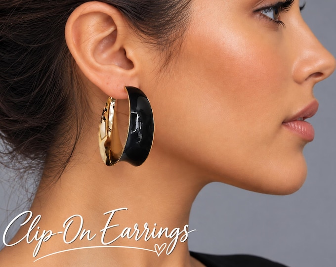 Clip On Hoop Earrings - Wide Black Enamel & Gold Tone Hoop Earrings - Bold Statement Hoops - 1.9" - 4.5cm