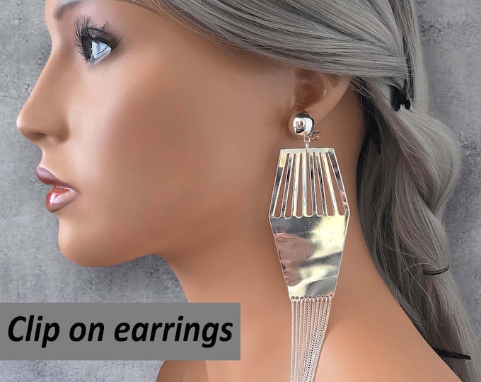 CLIP ON Drop Earrings, Eye Catching 6.5" Long Bright Silver Tone Waterfall Chain Tassel Drop Earrings, Non Pierced, Clip on Dangle Earrings