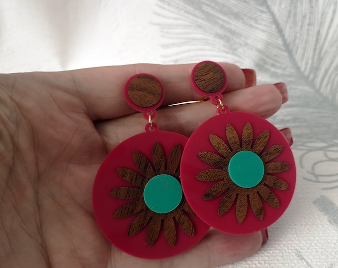 Clip on earrings - Fuchsia pink - Turquoise & wood effect layered arcylic hoop drop earrings - Boho - hippy style - 2.75"