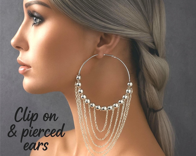 Silver Tone Clip-On Hoop Earrings with Draped Chains – Oversized Statement Hoops for Non-Pierced Ears