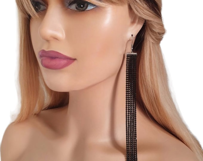 1 pair of 8" super long BLACK diamante waterfall shoulder duster drop earrings - clip on or pierced options available