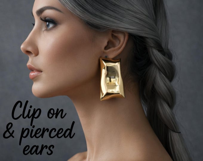 Large Gold Geometric Clip On Earrings | Bold Statement Clip-On Earrings | Pierced & Non Pierced