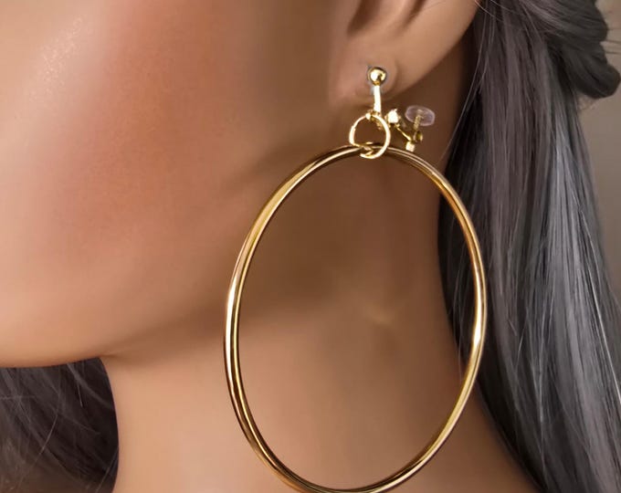 14k gold plated CLIP ON hoop earrings - 3.75" long plain stainless steel tube hoop drop earrings for non pierced ears Big statement hoops