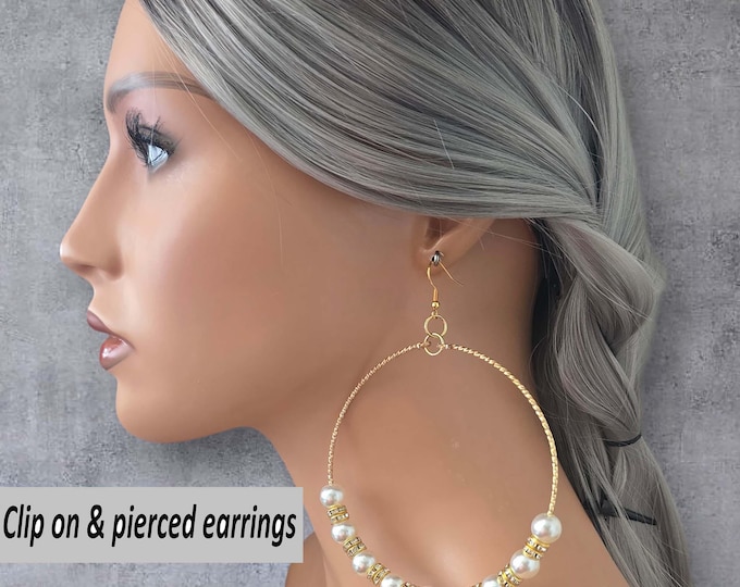 1 pair of huge faux pearl & gold diamante style hoop drop earrings - 10cm - 4" long BIG bold statement earrings Clip on or pierced options
