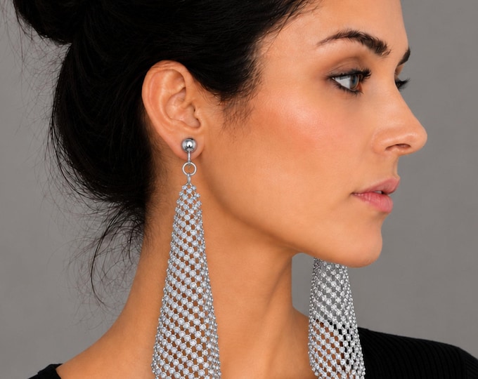 Silver Rhinestone Mesh Clip-On Earrings – Oversized Statement Crystal Draped Drop Earrings – 5" - 12.5cm