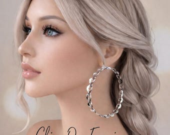 Clip On Hoop Earrings - Silver Tone Cut Out Pattern Hoops - 3" - 7.5cm