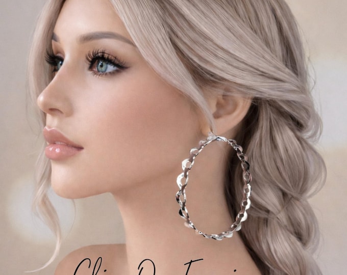 Clip On Hoop Earrings - Silver Tone Cut Out Pattern Hoops - 3" - 7.5cm