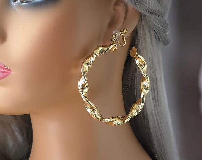 1 pair  18k gold  plated CLIP ON C shape hoop earrings - 3" thick chunky twisted gold plated C shape hoop earrings for non pierced ears