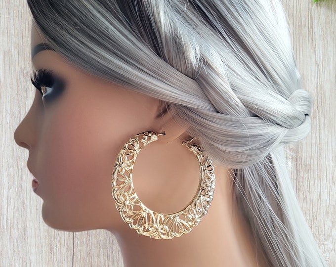 1 pair 2.5" gold tone filigree CLIP ON hoop earrings - large clip on hoops non pierced ears, pierced option, oversized statement earrings