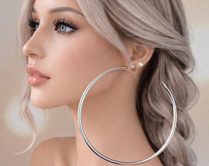 Silver Tone Clip-On Hoop Earrings  -  Large Retro Open Tube Statement Hoops 4.75" - 12cm