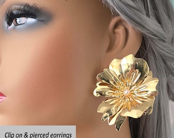 CLIP ON stud earrings - 2.5" gold tone layered flower & pearl stud earrings, non pierced ears - ear clips - large stud earrings, Big studs