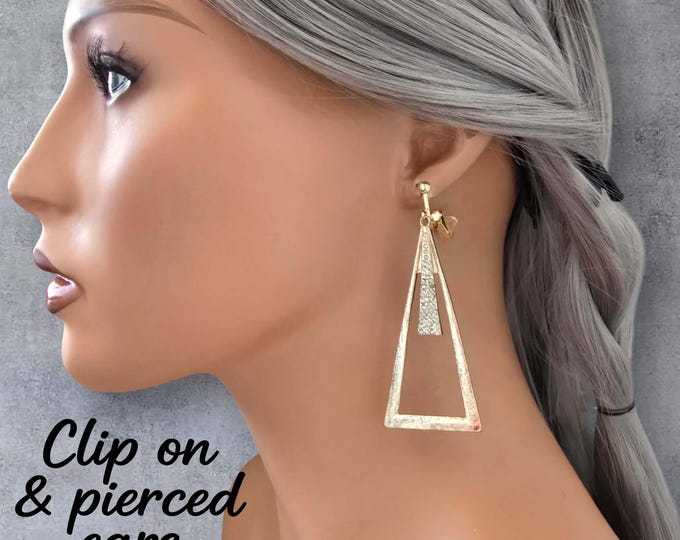 Gold Tone Geometric CLIP ON Earrings |  Rhinestone Drop - Dangle Earrings | Modern  Bold Fashion | Lightweight Clip-On Earrings