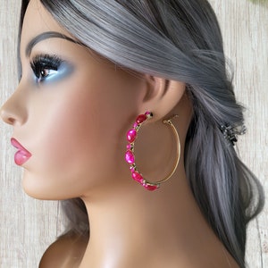Big gold CLIP ON hoop earrings 2.25 diameter gold tone & fuchsia hot pink diamante / crystal hoop earrings clip on or pierced option image 3