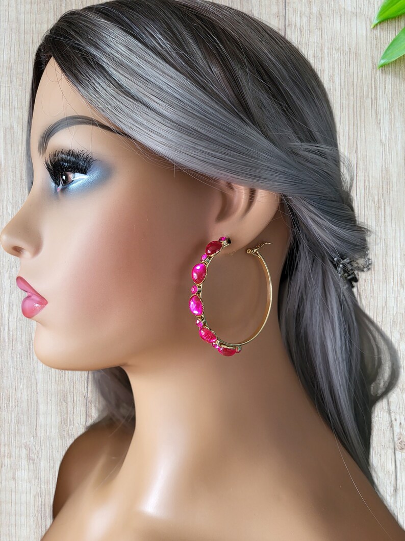 Big gold CLIP ON hoop earrings 2.25 diameter gold tone & fuchsia hot pink diamante / crystal hoop earrings clip on or pierced option image 3