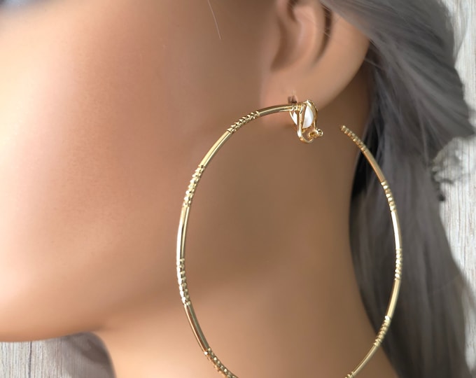 1 pair Gold CLIP ON C shape hoop earrings - 3.25" gold tone patterned thin wire hoop earrings for non pierced ears