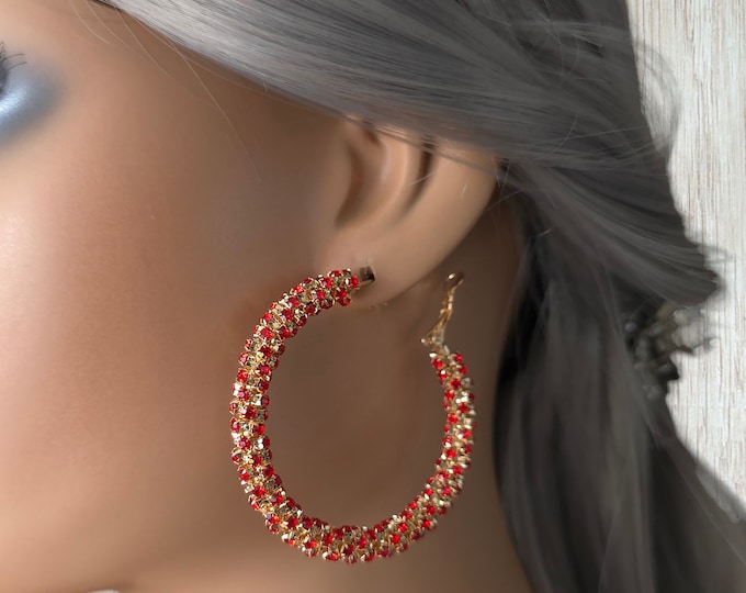 1 pair gold tone & red diamante CLIP ON hoop earrings - 2" diameter gold tone hoops with sparkly red diamante - rhinestones