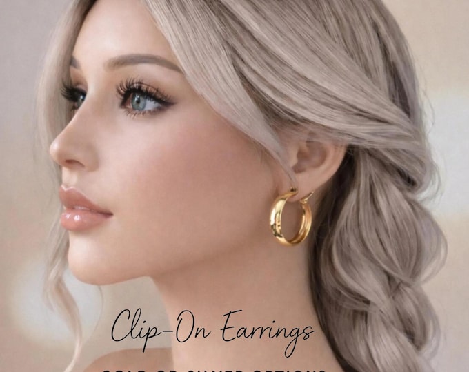 Gold & Silver Tone Clip On Hoop Earrings – Wide Tube Statement Jewelry - 1.5" - 4cm