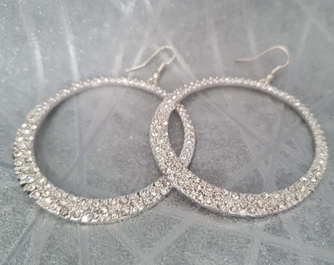 1 pair of large beautiful silver tone diamante hoop drop CLIP ON hoop earrings - 2.75" - pierced option - Glam Statement earrings
