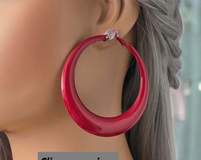 Red painted CLIP ON hoop earrings - 2.75" diameter - plain chunky - thick crescent design tube hoop earrings - clip on or pierced option