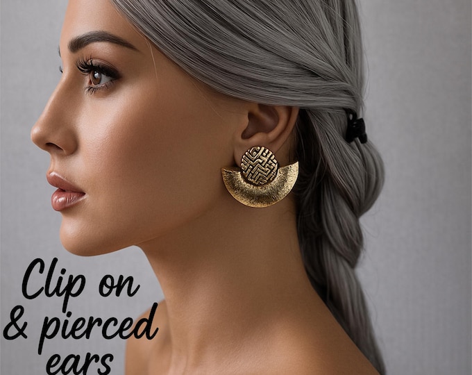 CLIP ON Stud Earrings, Vintage Gold Tone Geometric Half-Moon Shape Earrings Pierced - Non Pierced Earrings