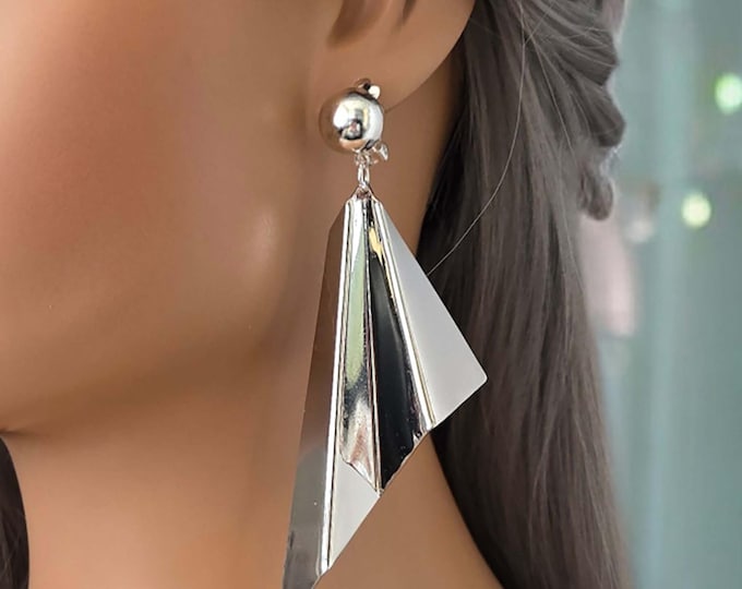 CLIP ON drop earrings, 1 pair 4.25" long stylish drop earrings, silver tone clip on earrings, non pierced long drop earrings, Gift for her