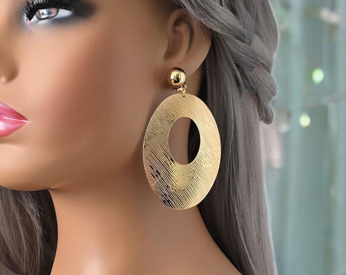 Gold tone CLIP ON drop earrings - 3.5" long oval metal drop / dangle earrings for non pierced ears - 18k gold plated dome clip on top stud