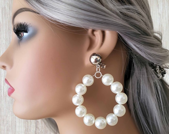Clip on hoop earrings - ivory or white  faux pearl hoop drop earrings - Big statement earrings - big chunky pearls - bridal earrings