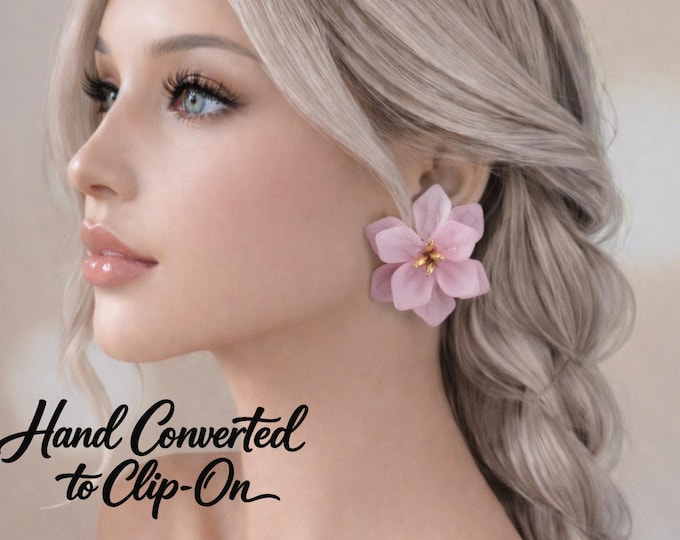 Blush Pink Flower Clip On Earrings – Gold Center, Floral Statement