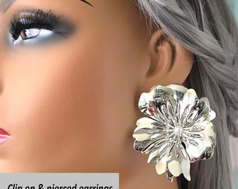 CLIP ON stud earrings - 2.5" silver tone layered flower & pearl stud earrings, non pierced ears - ear clips - large stud earrings, Big studs