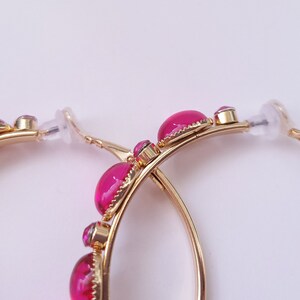 Big gold CLIP ON hoop earrings 2.25 diameter gold tone & fuchsia hot pink diamante / crystal hoop earrings clip on or pierced option image 6