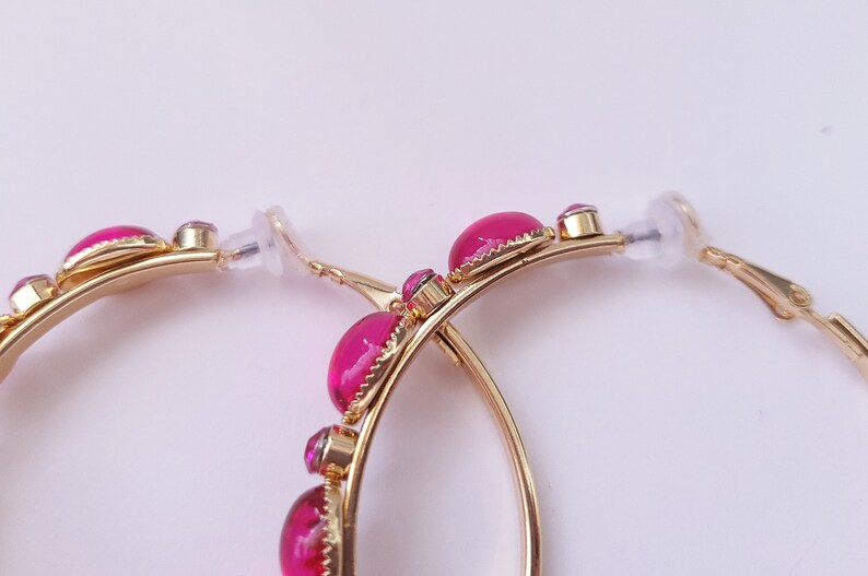 Big gold CLIP ON hoop earrings 2.25 diameter gold tone & fuchsia hot pink diamante / crystal hoop earrings clip on or pierced option image 6