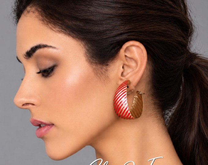 Gold & Red Striped Clip On Hoop Earrings – Statement Wide Chunky Hoops – 1.6" – 4cm