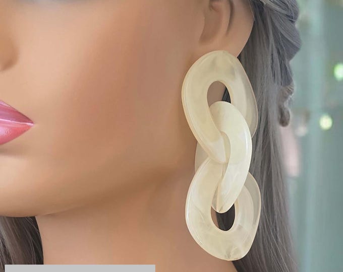 Big chunky CLIP ON drop earrings, 1 pair cream tone acrylic chain link drop earrings, Clip on or pierced - 3 lengths, Big long earrings