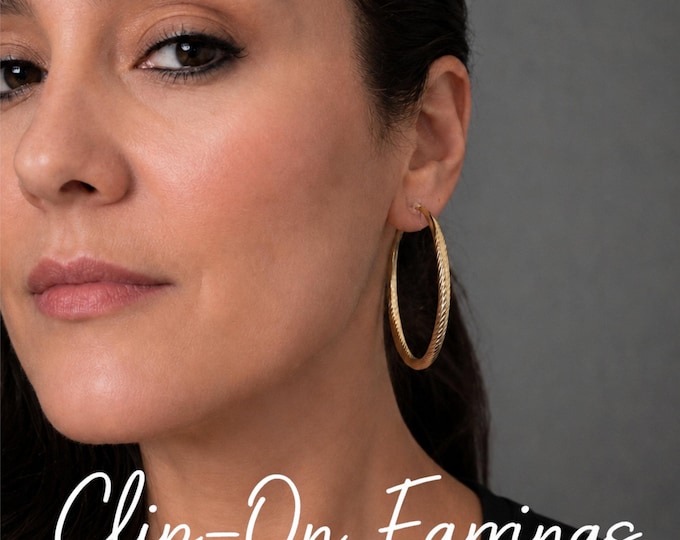 Gold Tone Clip On Hoop Earrings – Twisted Design – Lightweight Statement Earrings – Non Pierced Ears – 2.25" - 6cm
