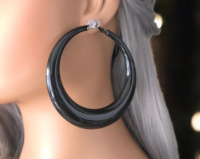 Black painted CLIP ON hoop earrings - 3.5" diameter - plain chunky - thick crescent design tube hoop earrings - clip on or pierced option