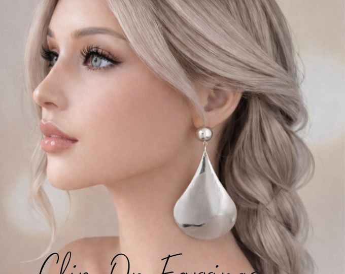 Silver Tone Clip On Earrings – Large Teardrop Statement Drop Non Pierced Earrings, 3.5" - 9cm