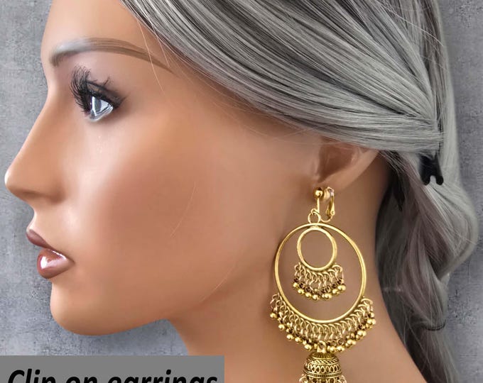 Clip-On Earrings | 3.5" Long Indian Bollywood Gold Tone Dangle Drop Earrings | Non-Pierced Ethnic Jewelry | Gift for her