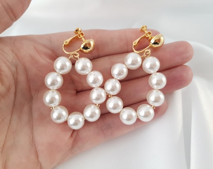 1 pair of CLIP ON ivory faux pearl hoop drop earrings - 9ct gold plated screw back clip on top - 2.25" long